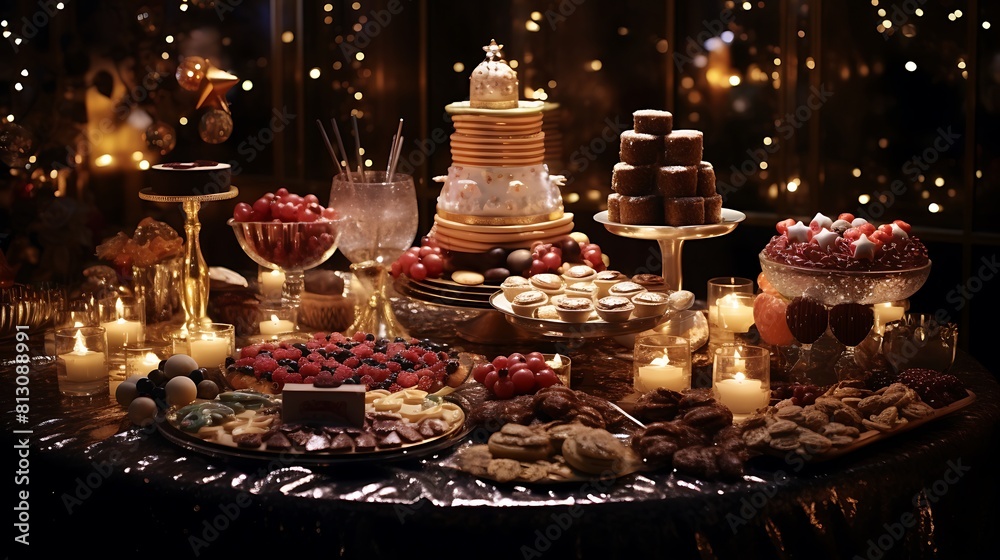 A festive New Year's Eve dessert table filled with decadent treats, including cakes, cookies, and chocolates, for guests to indulge in. 8k
