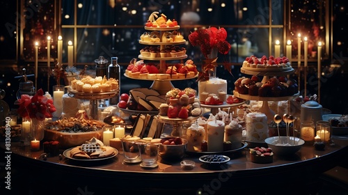 A festive New Year's Eve dessert buffet filled with cakes, pastries, and sweets to indulge in before the countdown. 8k