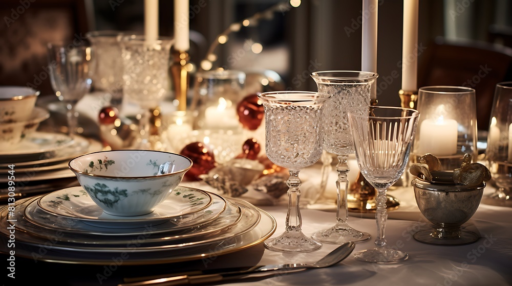 A festive New Year's Eve dinner table set with elegant china, glassware, and silverware for a formal celebration. 8k
