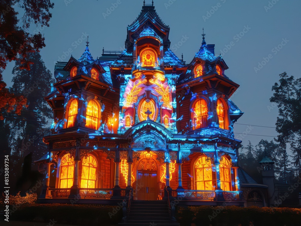 A spooky Halloween house mansion under a dark, moonlit sky, surrounded by eerie trees, perfect for October celebrations and haunted house designs A spooky Halloween house mansion under a dark, moonlit sky, surrounded by eerie trees, perfect for October celebrations and haunted house designs