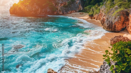 Beach and tropical blue sea. Ocean with big waves, rocks and cliff. Beautiful landscape on the caribbean island and wild sea waves.