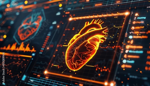 Glowing infographics displaying realtime heart function metrics