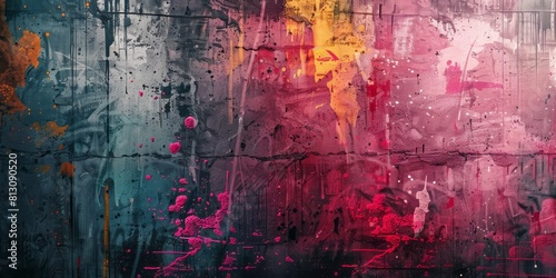 Grunge concrete wall with colorful splashes of paint. Abstract background