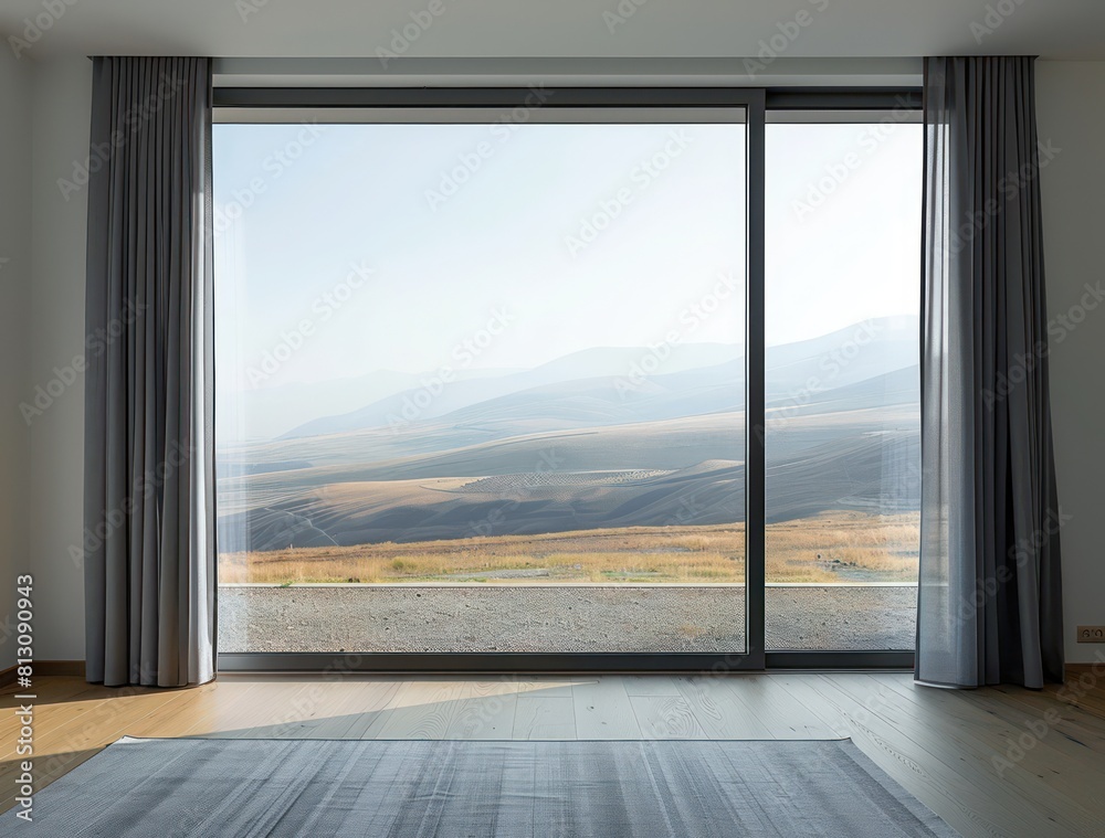 An empty room with a large glass window offering a stunning view, showcasing modern architecture and luxurious interior design An empty room with a large glass window offering a stunning view, showcasing modern architecture and luxurious interior design