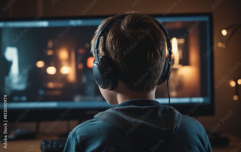 Fototapeta premium back view of boy in headphones playing video games on computer at home