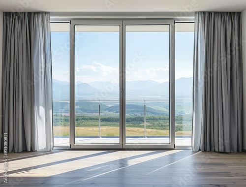An empty room with a large glass window offering a stunning view  showcasing modern architecture and luxurious interior design