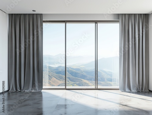 An empty room with a large glass window offering a stunning view, showcasing modern architecture and luxurious interior design