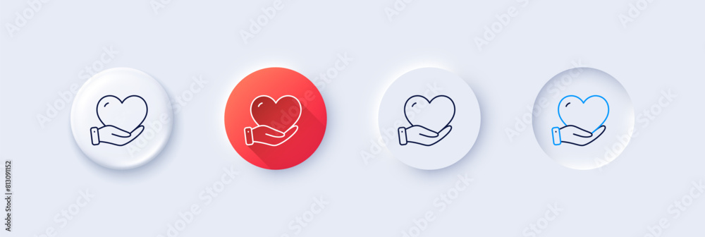 Volunteer care line icon. Neumorphic, Red gradient, 3d pin buttons. Helping hand sign. Donation symbol. Line icons. Neumorphic buttons with outline signs. Vector Volunteer care line icon. Neumorphic, Red gradient, 3d pin buttons. Helping hand sign. Donation symbol. Line icons. Neumorphic buttons with outline signs. Vector