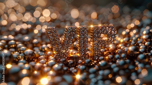 golden style metallic standing 3d letters bedazzled with diamonds in shape of text Vip gold background photo