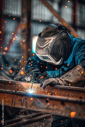 A welder in a protective mask and gloves working on a metal frame