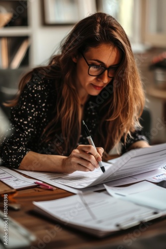A woman is shown sitting at a table with papers spread out in front of her, carefully proofreading and editing the documents with a pen in hand photo