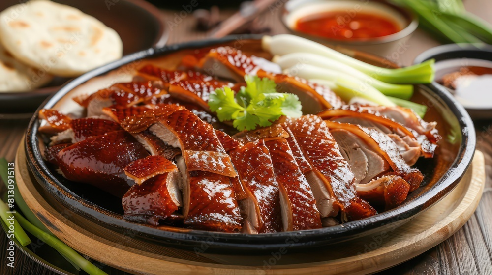 A gourmet plate featuring roast duck, fresh tomatoes, and a vibrant salad, creating a delicious and healthy dinner dish A gourmet plate featuring roast duck, fresh tomatoes, and a vibrant salad, creating a delicious and healthy dinner dish