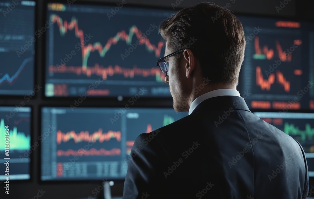 A man in a suit and glasses is studying the computer monitor A man in a suit and glasses is studying the computer monitor