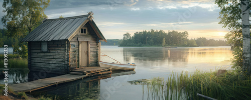 Serene Lakeside Retreat: Rustic Wooden Cabin and Rowboat at Tranquil Finnish Lake