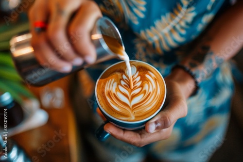 High-angle shot capturing the intricate patterns created by a skilled barista while pouring latte art.