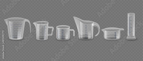 Clear Measuring Tools Isolated On Transparent Background, Plastic Cups Including Various Pitchers And Graduated Cylinder