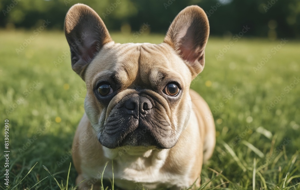 Fawn French Bulldog with whiskers and ears lying on grass, looking at camera Fawn French Bulldog with whiskers and ears lying on grass, looking at camera