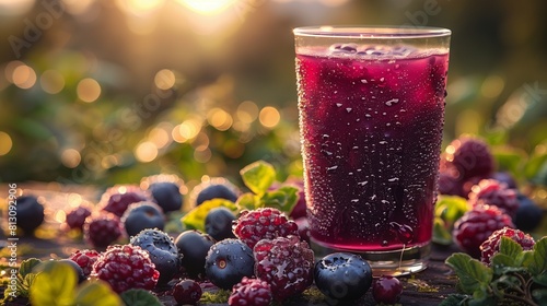 Chilled Mulberry Juice, Deep Purple, Dew on Glass, Blurred Countryside Background, Perfect for Natural Beverage Promotions