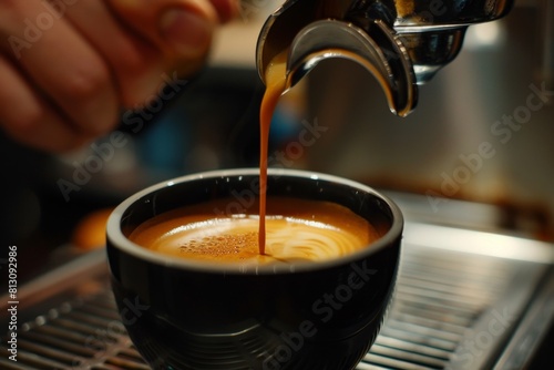Close-up shot of a barista expertly pouring steamed milk into a cup of freshly brewed espresso.