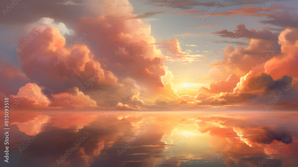 Fluffy clouds reflecting the warm tones of a setting sun, crafting a soothing and picturesque background Fluffy clouds reflecting the warm tones of a setting sun, crafting a soothing and picturesque background