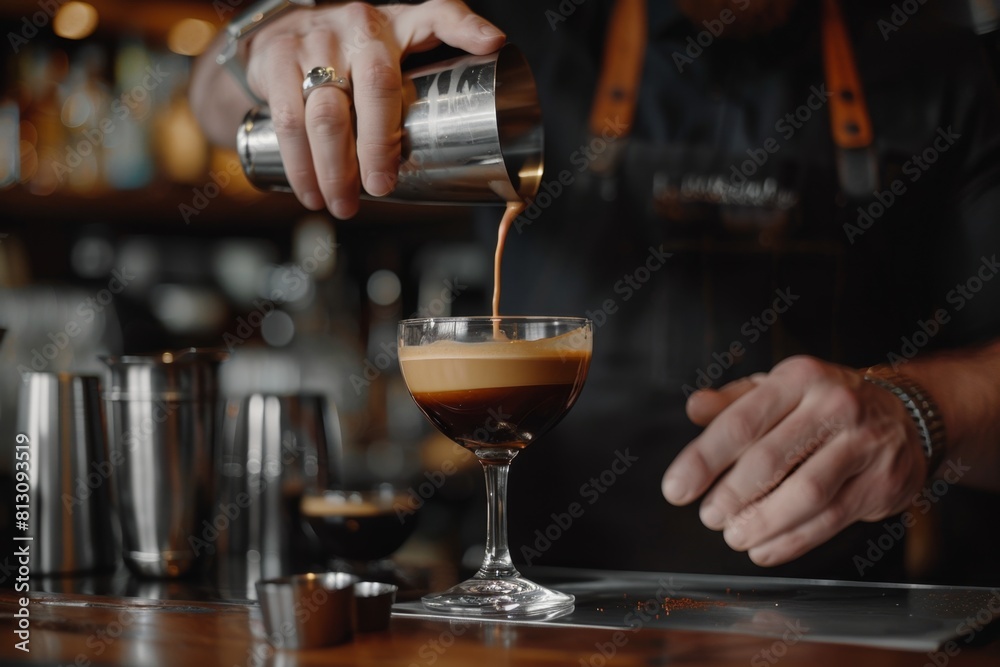 Dynamic shot of a barista shaking a cocktail shaker while preparing an espresso martini.