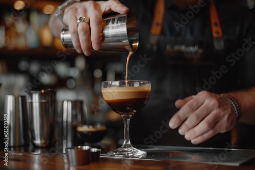 Dynamic shot of a barista shaking a cocktail shaker while preparing an espresso martini.