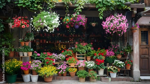 Flower shop overflowing with various flowers hanging baskets and potted plants outside. Concept Flower shop, Overabundance, Floral decorations, Outdoor display, Variety of plants