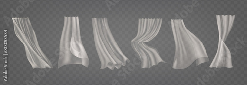 Vector Set Of Transparent Sheer Curtains Depicted In Various States Of Drape And Flow Isolated on Transparent Background