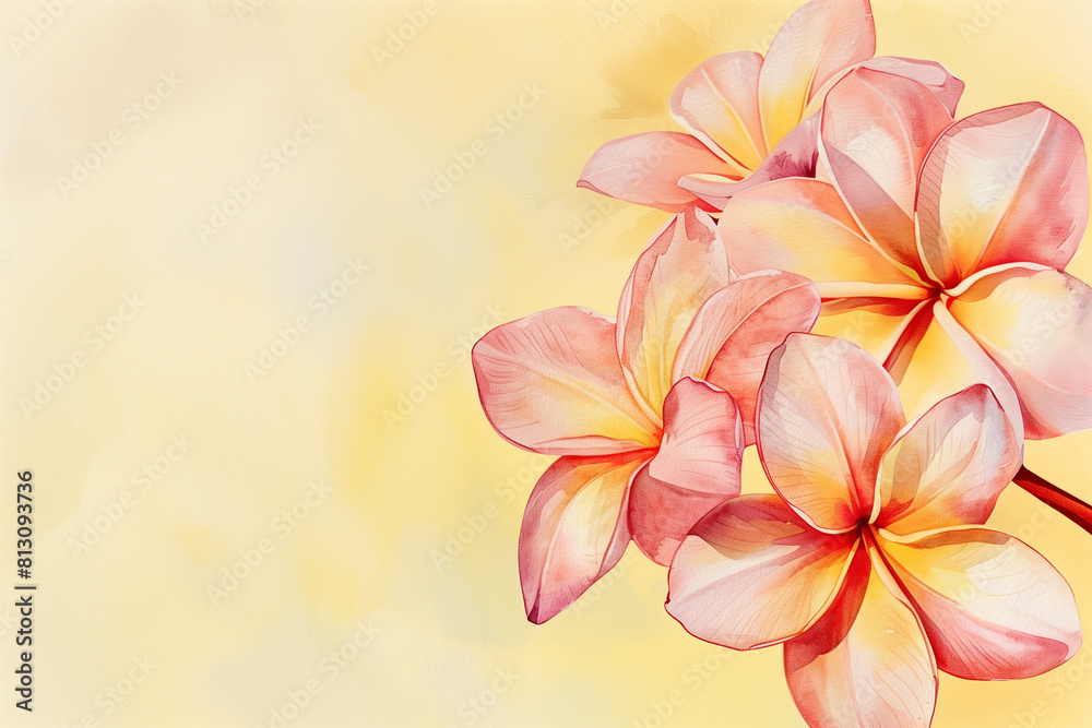 Naklejka premium Tropical floral background. Watercolor flowers on light yellow canvas with copy space