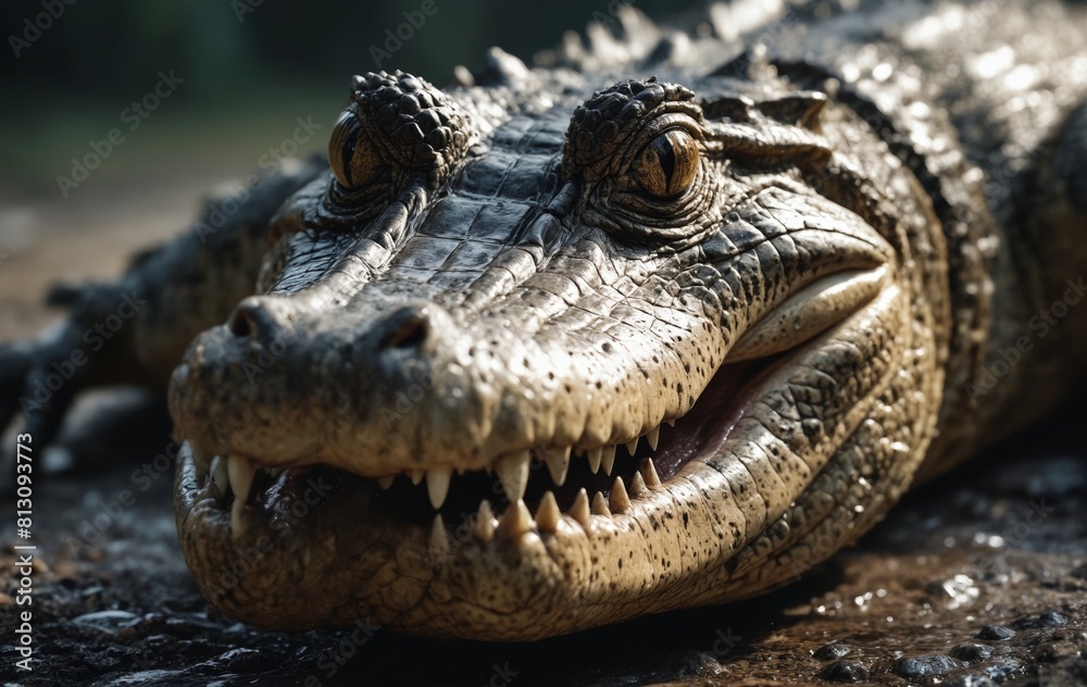 Fototapeta premium Closeup of a Nile crocodiles head on the ground with its jaw open