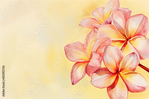 Tropical floral background. Watercolor flowers on light yellow canvas with copy space