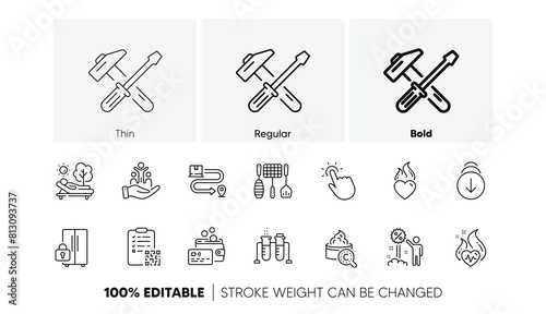 Cardio training, Chemistry beaker and Delivery service line icons. Pack of Refrigerator, Scroll down, Touchpoint icon. Inclusion, Qr code, Hammer tool pictogram. Collagen skin, Lounger. Vector