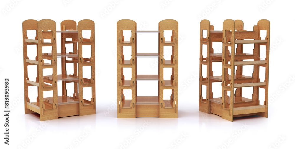 Easy assembled plywood display stand for retail or exhibition. 3d illustration set on white background Easy assembled plywood display stand for retail or exhibition. 3d illustration set on white background