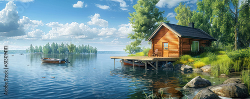 Serene Lakeside Retreat: Rustic Wooden Cabin and Rowboat at Tranquil Finnish Lake 