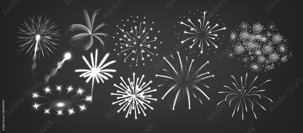Monochrome Vector Illustration Showcases A Variety Of Fireworks, Including Rockets And Starbursts, Against A Dark Sky