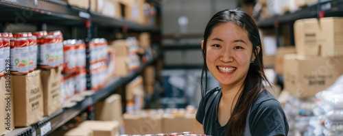 A beautiful young asian happy woman volunteers in the food bank, free foods