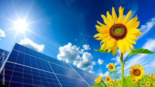 Renewable Energy Harmony  Solar Panels and Vibrant Sunflowers Under a Brilliant Sunlit Sky