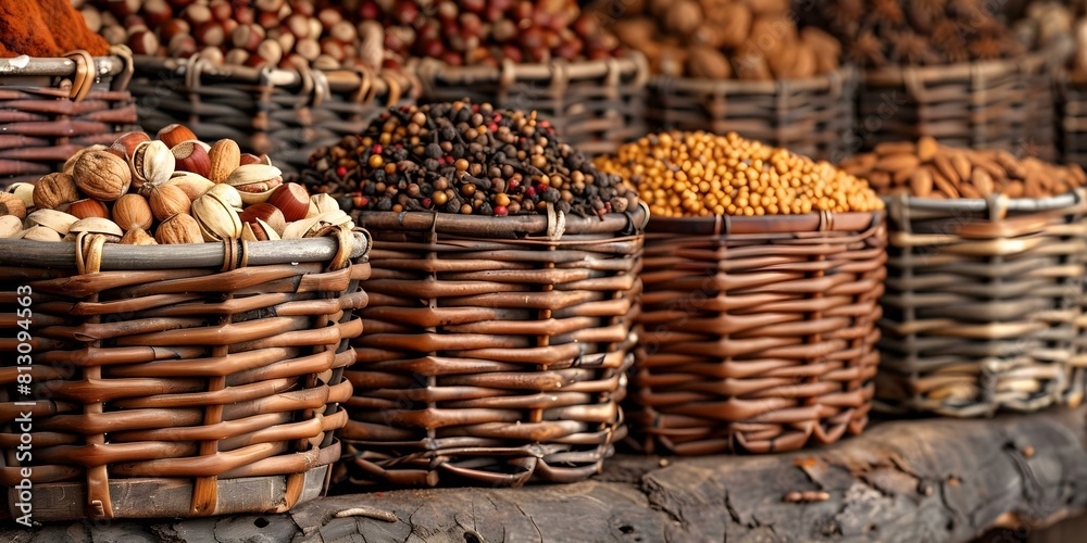 Assorted nuts and spices displayed in lined baskets. Concept Food Photography, Spices, Nuts, Kitchen Essentials, Display Baskets Assorted nuts and spices displayed in lined baskets. Concept Food Photography, Spices, Nuts, Kitchen Essentials, Display Baskets