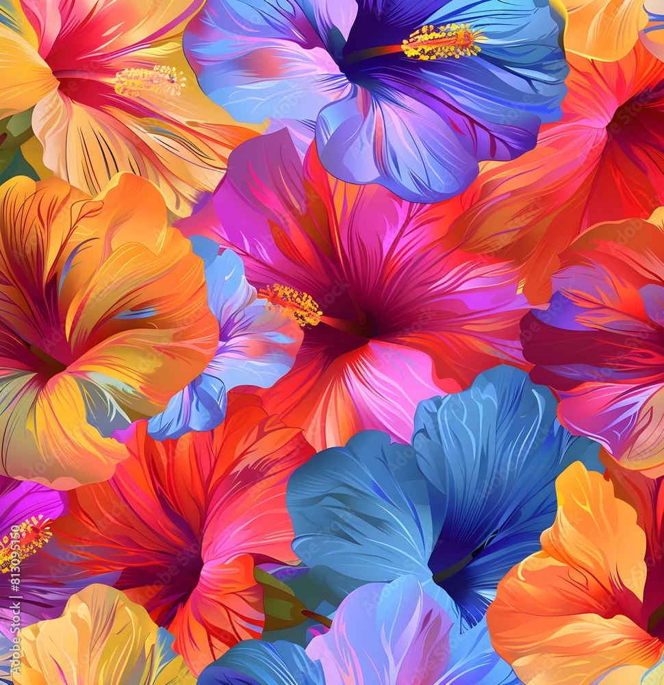 seamless pattern of colorful tropical hibiscus petals , vibrant colors creates an abstract floral background. design mix of pink, reds, greens, yellows and blues, giving it the appearance of a lush 