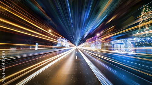 abstract background with blue light rays, stars, and streaks of lights moving at high speed through the dark space