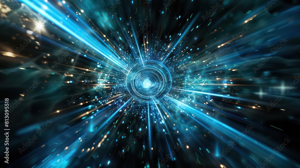 Naklejka premium abstract background with blue light rays, stars, and streaks of lights moving at high speed through the dark space