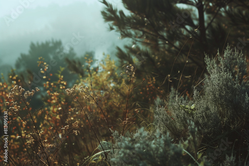 close up photo of plants and shrubs in the foreground  trees in background  misty morning light  moody  atmospheric  cinematic  shot on canon eos r6 mark II