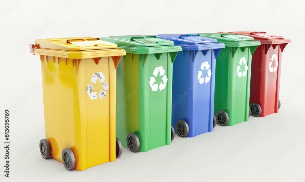 Recycling bins in various colors on white background Recycling bins in various colors on white background