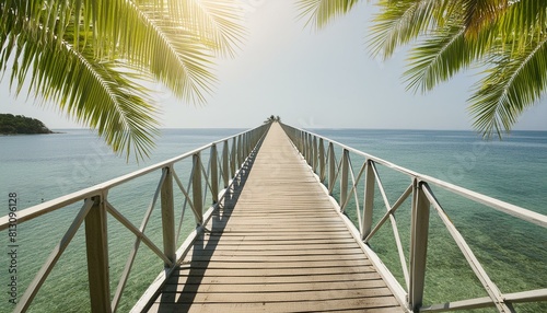 Aesthetic beautiful island destination, endless bridge into the ocean, palm leaves,