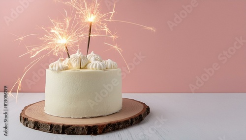 Aesthetic birthday cake with sparklers on pastel pink background. Copy space. Party invitati photo