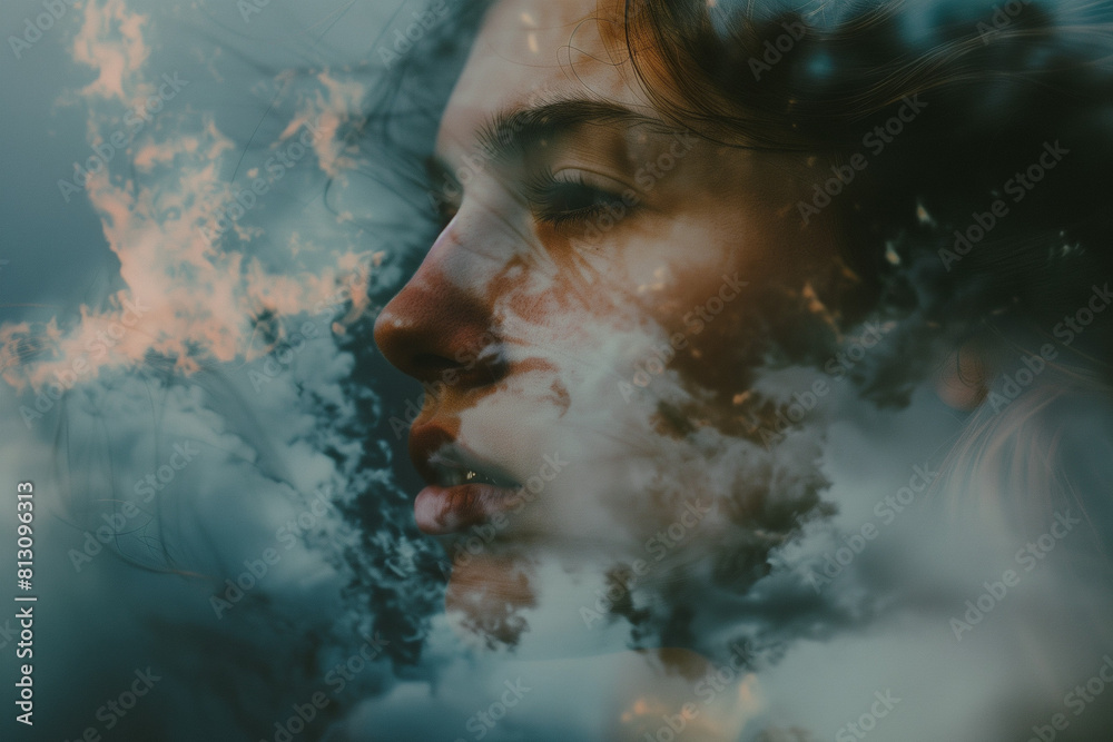 Double exposure photography of a woman's face and smoke, creating a dreamy atmosphere. The photograph is done in the style of double exposure photography Double exposure photography of a woman's face and smoke, creating a dreamy atmosphere. The photograph is done in the style of double exposure photography
