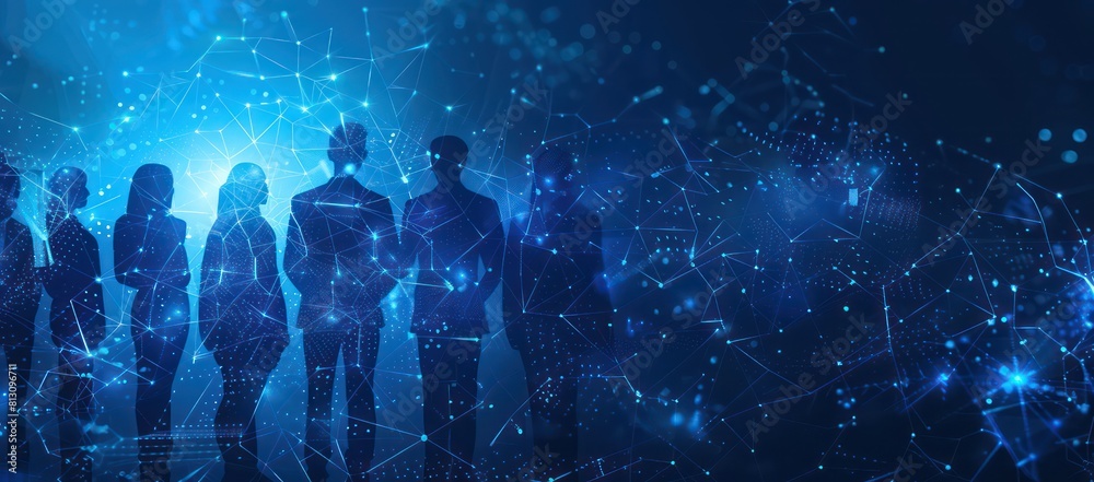 business people silhouettes standing together, blue light, future technology 