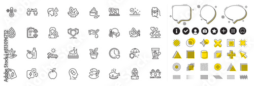 Set of Apple, Lounger and Vegetables line icons for web app. Design elements, Social media icons. Patient, Shields, Hand sanitizer icons. Salad, Organic product, Dumbbell signs. Vector