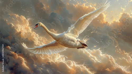 Fototapeta Naklejka Na Ścianę i Meble -  White swan flying in the sunset sky