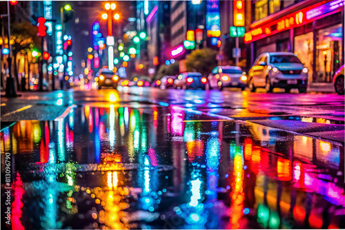 Urban Nightscape with Reflecting Neon Lights